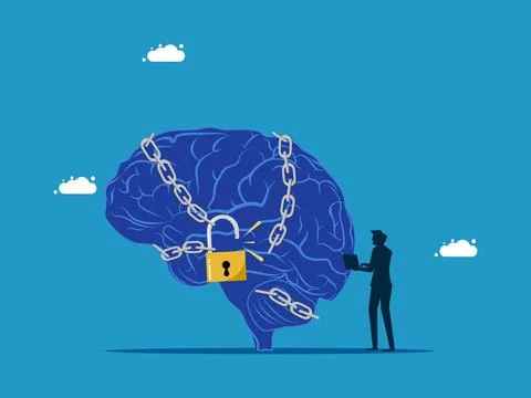 Solve brain problems, freedom to think. man unlocks brain from chains 스톡 일러스트