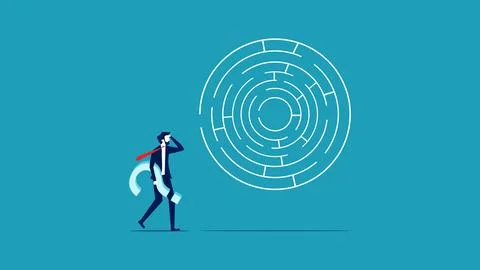 Solve business problems. Businessman thinking to solve a maze 스톡 일러스트