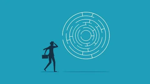 Solve business problems. Businessman thinking to solve a maze 스톡 일러스트