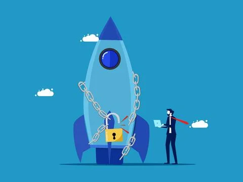 Solve business problems. Businessman unlocks rocket from chains Stock Illustration