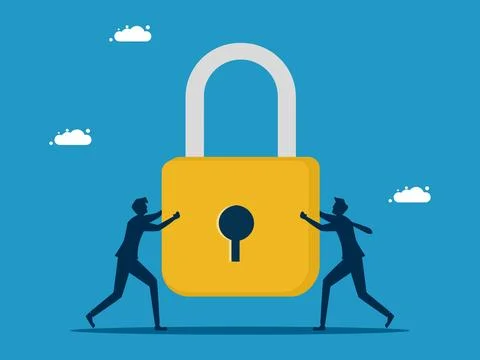 Solve business problems. Two businessmen join hands holding a big key イラスト素材