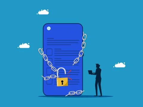 Solve communication problems. man unlocks smartphone from chains Illustrazione stock