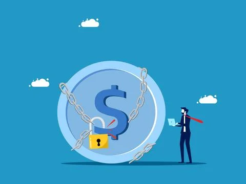 Solve financial problems. Businessman unlocks money from chains 스톡 일러스트