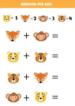 Solve the math equation. Cute cartoon faces of animals. Stock Illustration