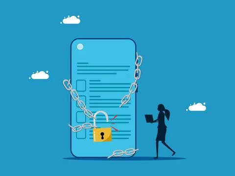 Solve the problem, access to personal information. woman unlocks smartphone f Stockillustratie