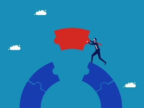 Solve the problem. Businessman connects jigsaw bridge Stock Illustration
