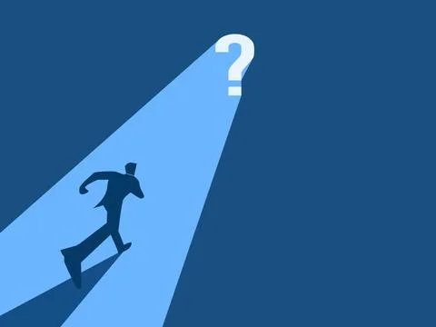 Solve the problem, Businessman running to the question icon shining the way. Illustrazione stock