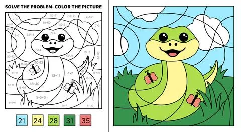 Solve the problem. Cheerful snake with butterflies in grass. Color the picture Illustrazione stock