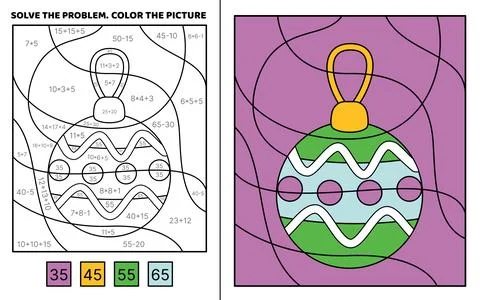 Solve the problem. Christmas bauble. Color the picture. Coloring book. Cartoon Stock Illustration