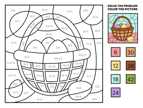 Solve the problem, color the picture. Basket with easter eggs. Coloring book Stock Illustration