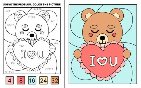 Solve the problem, color the picture. Bear and big heart i love you. Coloring Ilustração Stock