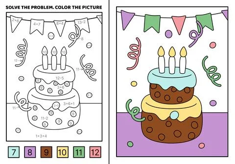 Solve the problem, color the picture. Big Birthday cake with burning candles Stock Illustration