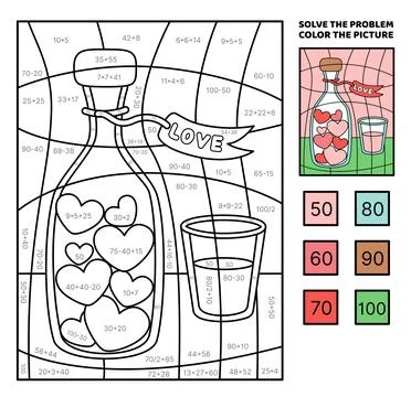 Solve the problem, color the picture. Bottle and glass with love drink. Coloring Stock Illustration