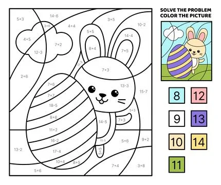 Solve the problem, color the picture. Bunny and big Easter egg. Coloring book Stock Illustration