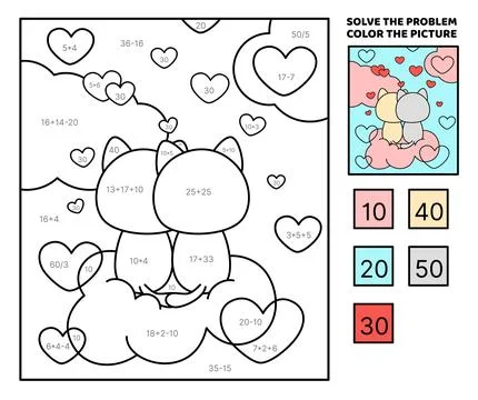 Solve the problem, color the picture. Cat couple in love on a pink cloud Stock Illustration