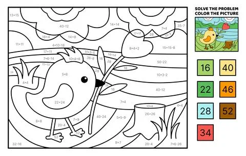 Solve the problem, color the picture. Chick and red flower. Coloring book Stock Illustration