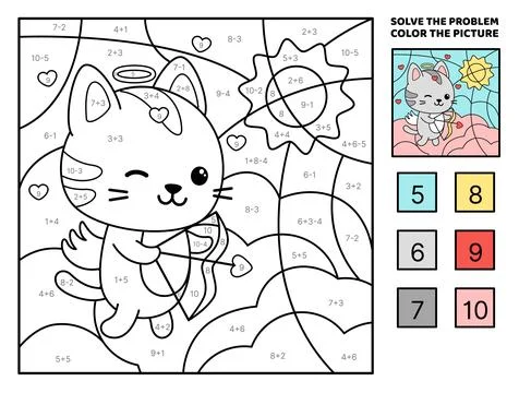 Solve the problem, color the picture. Cupid kitten on the cloud. Coloring book Stock Illustration
