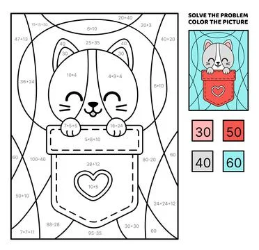 Solve the problem, color the picture. Cute kitten in pocket with heart. Coloring Illustrazione stock