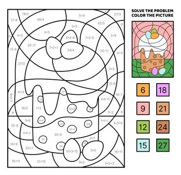 Solve the problem, color the picture. Easter cake and colorful eggs. Coloring Stock Illustration
