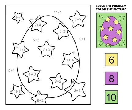 Solve the problem, color the picture. Easter egg decorated stars. Coloring book Stock-Illustration