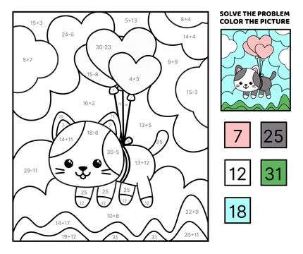 Solve the problem, color the picture. Flying kitten. Coloring book. Vector Stock Illustration