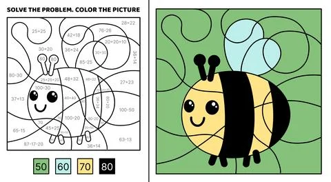 Solve the problem, color the picture. Funny bee. Coloring book. Vector. Stock Illustration