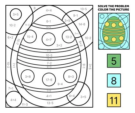 Solve the problem, color the picture. Green Easter egg. Coloring book. Vector Stock Illustration