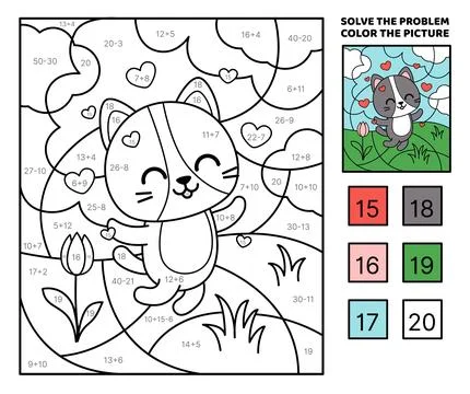 Solve the problem, color the picture. Happy black cat in love. Kitten. Coloring Ilustración de archivo