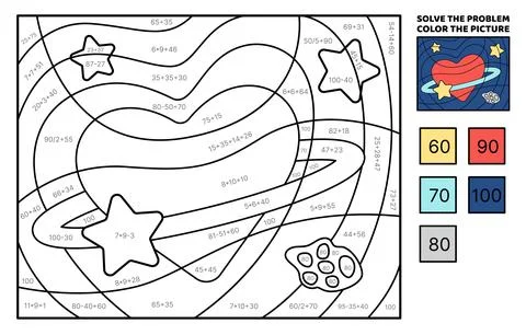 Solve the problem, color the picture. Heart planet with orbit and stars Stock Illustration