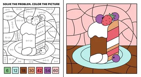 Solve the problem, color the picture. Peice of berry cake. Coloring book. Vector Illustrazione stock