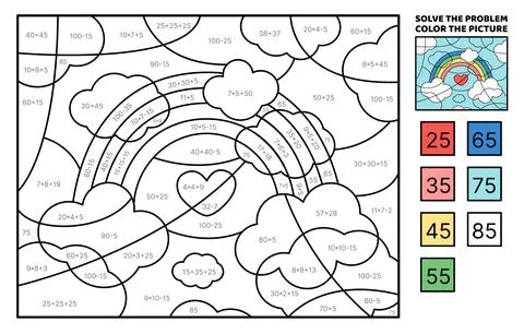 Solve the problem, color the picture. Rainbow in the sky with heart. Coloring Stock Illustration