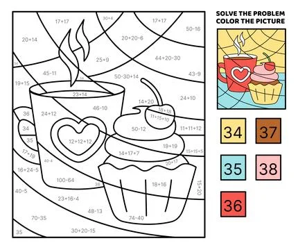 Solve the problem, color the picture. Red cup and cherry cupcake. Coloring book Stock Illustration