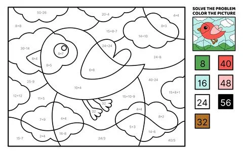 Solve the problem, color the picture. Red flying bird. Coloring book. Vector. Stock Illustration
