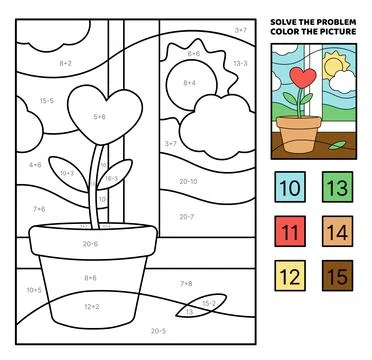Solve the problem, color the picture. Red flower in pot on sill. Heart. Coloring Stock Illustration