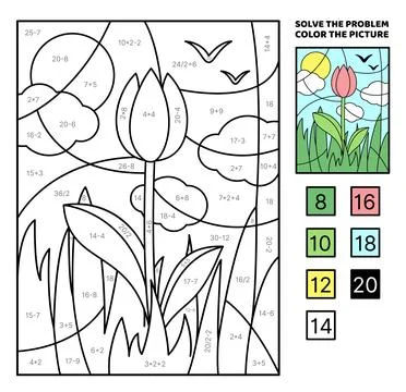 Solve the problem, color the picture. Spring landscape with pink tulip. Coloring Stock Illustration