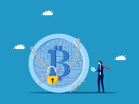 Solve the problem of cryptocurrency coins. Businessman unlocks cryptocurrency イラスト素材