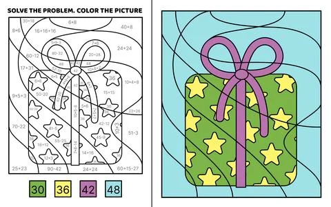 Solve the problem. Green present with stars. Color the picture. Coloring book Illustrazione stock