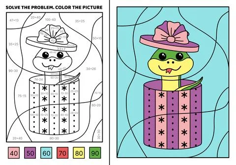 Solve the problem. Green snake in giftbox. Color the picture. Coloring book Stock Illustration