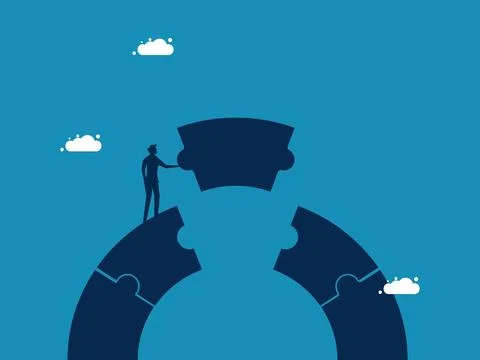 Solve the problem. man connects jigsaw bridge Stock Illustration