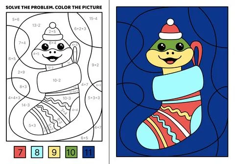 Solve the problem. Snake in Christmas stocking. Color the picture. Coloring book Stock Illustration