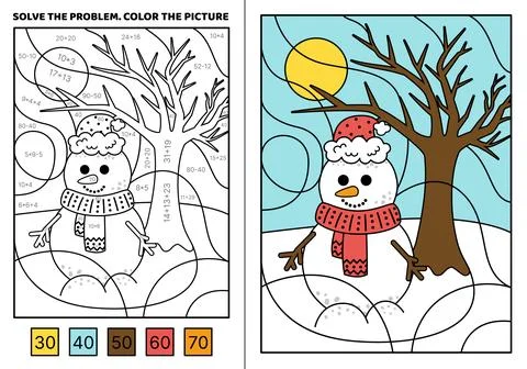 Solve the problem. Snowman, winter landscape. Color the picture. Coloring book Stock Illustration