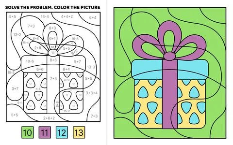 Solve the problem. Yellow present with purple bow. Color the picture. Coloring Stock Illustration