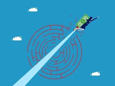 Solve problems and obstacles with money. Flying businesswoman with banknotes  Illustrazione stock