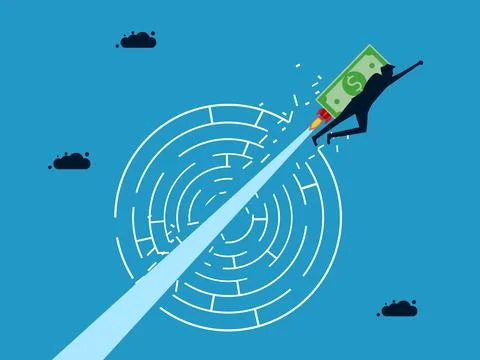 Solve problems and obstacles with money. Flying man with banknotes crashing t 스톡 일러스트