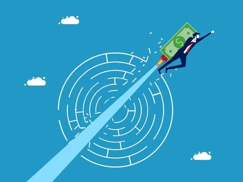 Solve problems and obstacles with money. Flying businessman with banknotes cr 스톡 일러스트