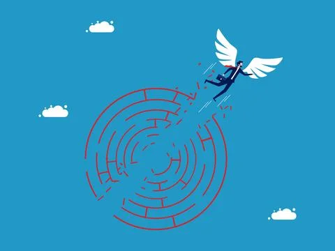 Solve problems and overcome obstacles. Businessman flying with angel wings th イラスト素材