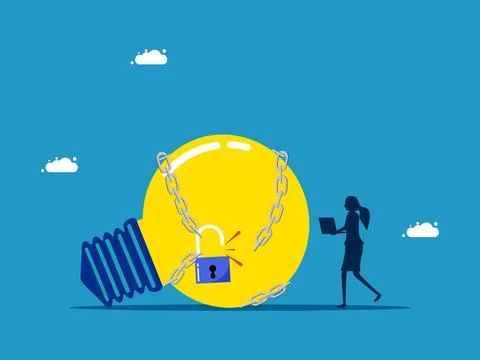 Solve problems with creativity. Businesswoman unlocks light bulb from chains Illustrazione stock