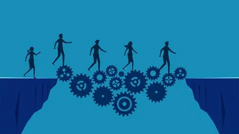 Solve problems with innovation. Business team with gear bridge Stock Illustration