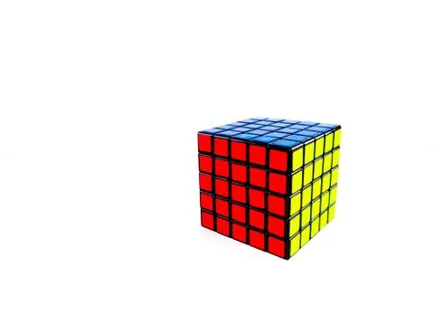Solved 5×5 Rubiks cube in white background Stock Photos