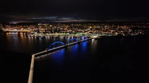 Sölvesborg Cityscape with Bridge Reflected at Night. Stock Photos
